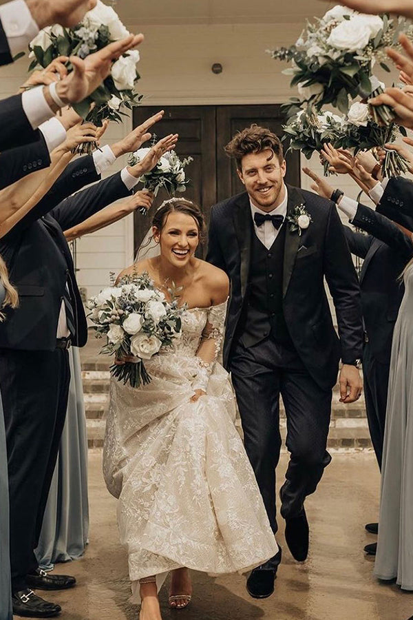Enchanting Off-Shoulder A-Line Wedding Gown with Long Sleeves, Bow, and Lace