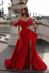 Elegant Off-Shoulder High-Slit Ruched Satin A-Line Floral Prom Gown