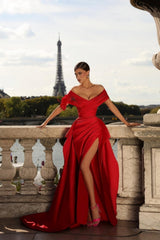 Elegant Off-Shoulder High-Slit Ruched Satin A-Line Floral Prom Gown