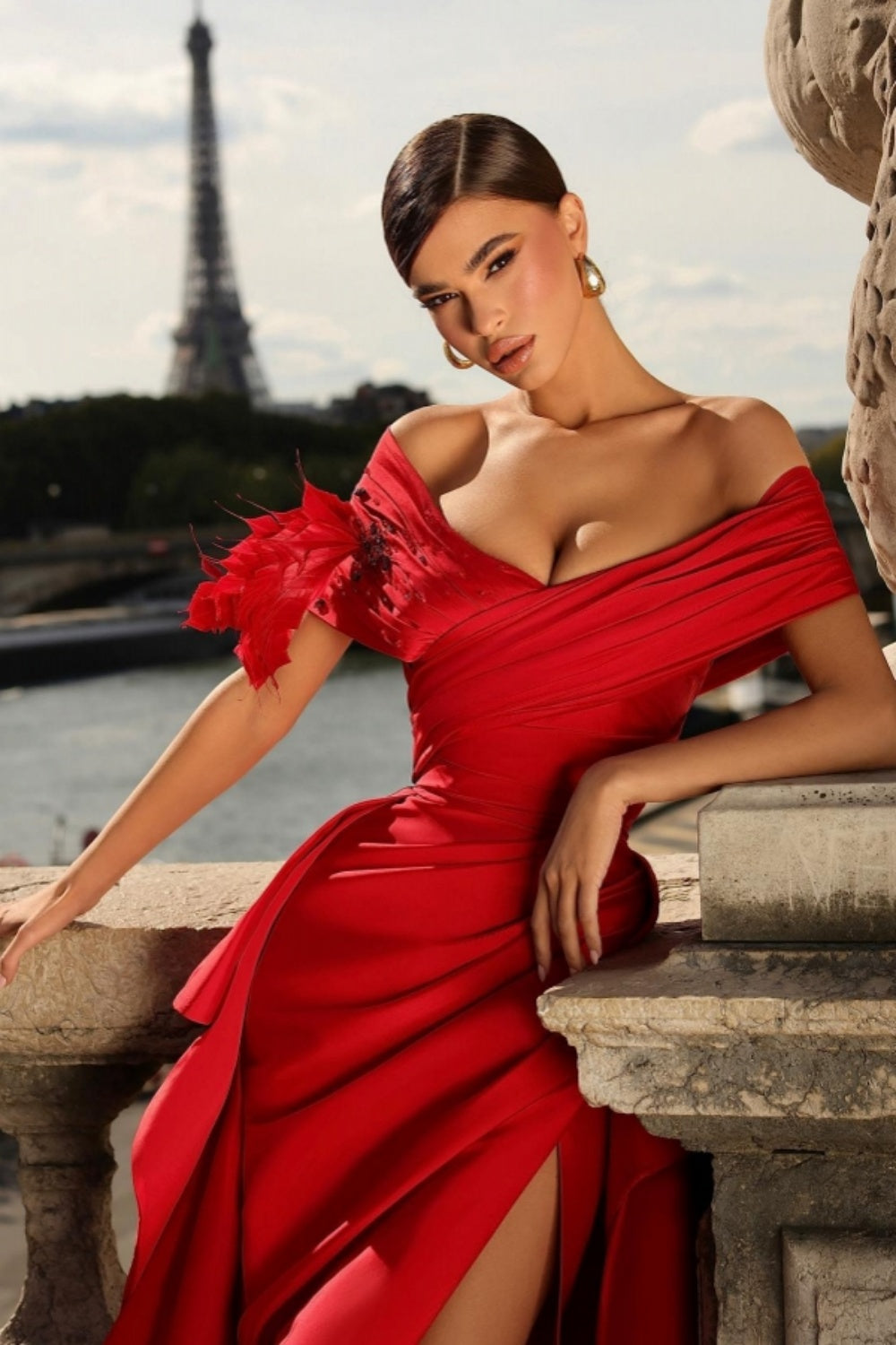 Elegant Off-Shoulder High-Slit Ruched Satin A-Line Floral Prom Gown