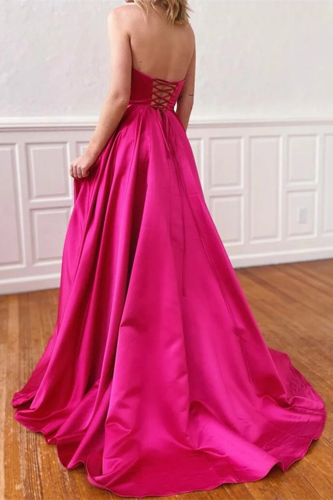 Vibrant Fuchsia Strapless A-Line Prom Dress with Pockets and Elegant Side Split