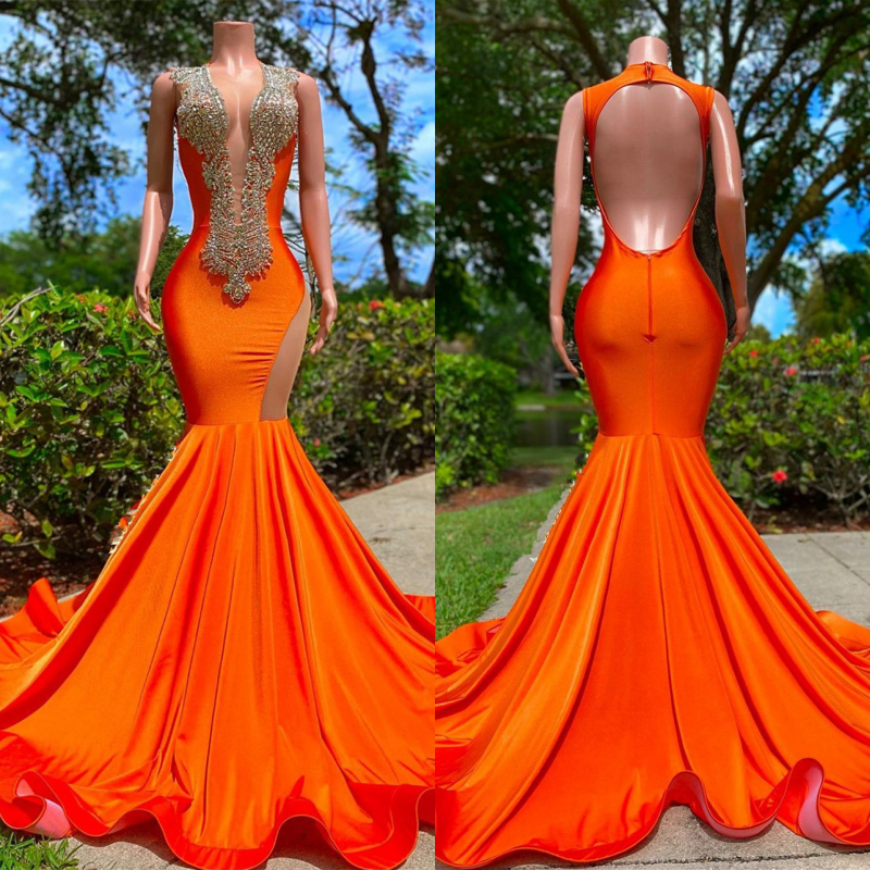 Bright Orange V-Neck Sleeveless Mermaid Prom Dress with Elegant Appliques and Train