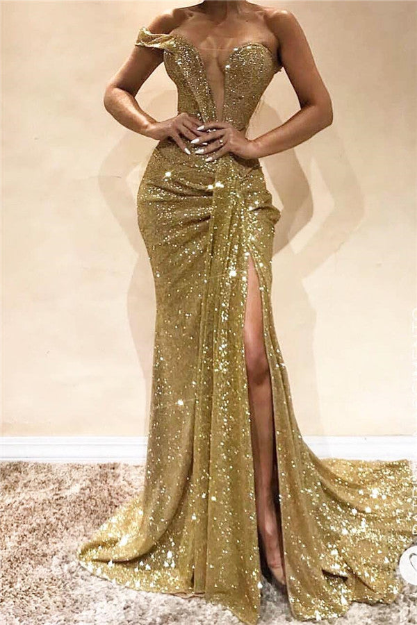 Elegant One-Shoulder Golden Sequin Prom Dress with Side Slit for Formal Events