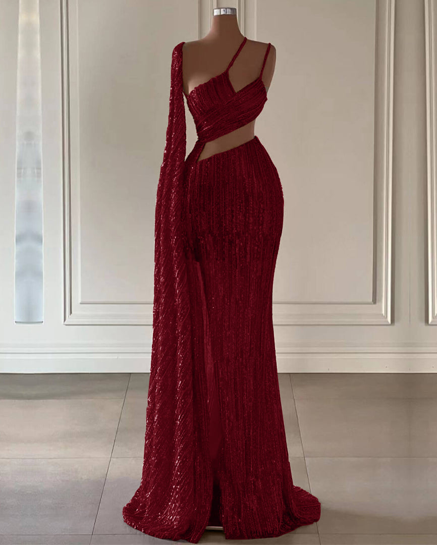 Burgundy Sequin Mermaid Prom Dress with Ruffle Slit Elegant Gown
