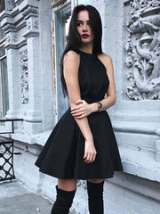 Black A-Line Round Neck Pleated Satin Homecoming Short Prom Graduation Dress