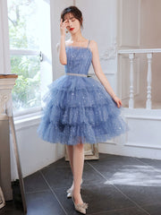 Elegant Blue Tulle Short Prom Dress with Sweetheart Neckline A-Line Silhouette