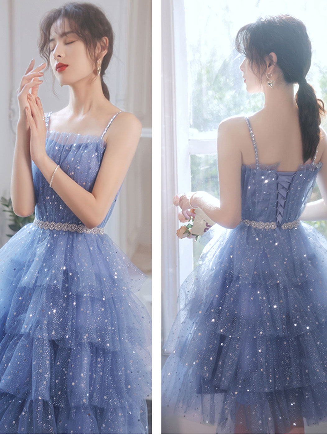 Elegant Blue Tulle Short Prom Dress with Sweetheart Neckline A-Line Silhouette