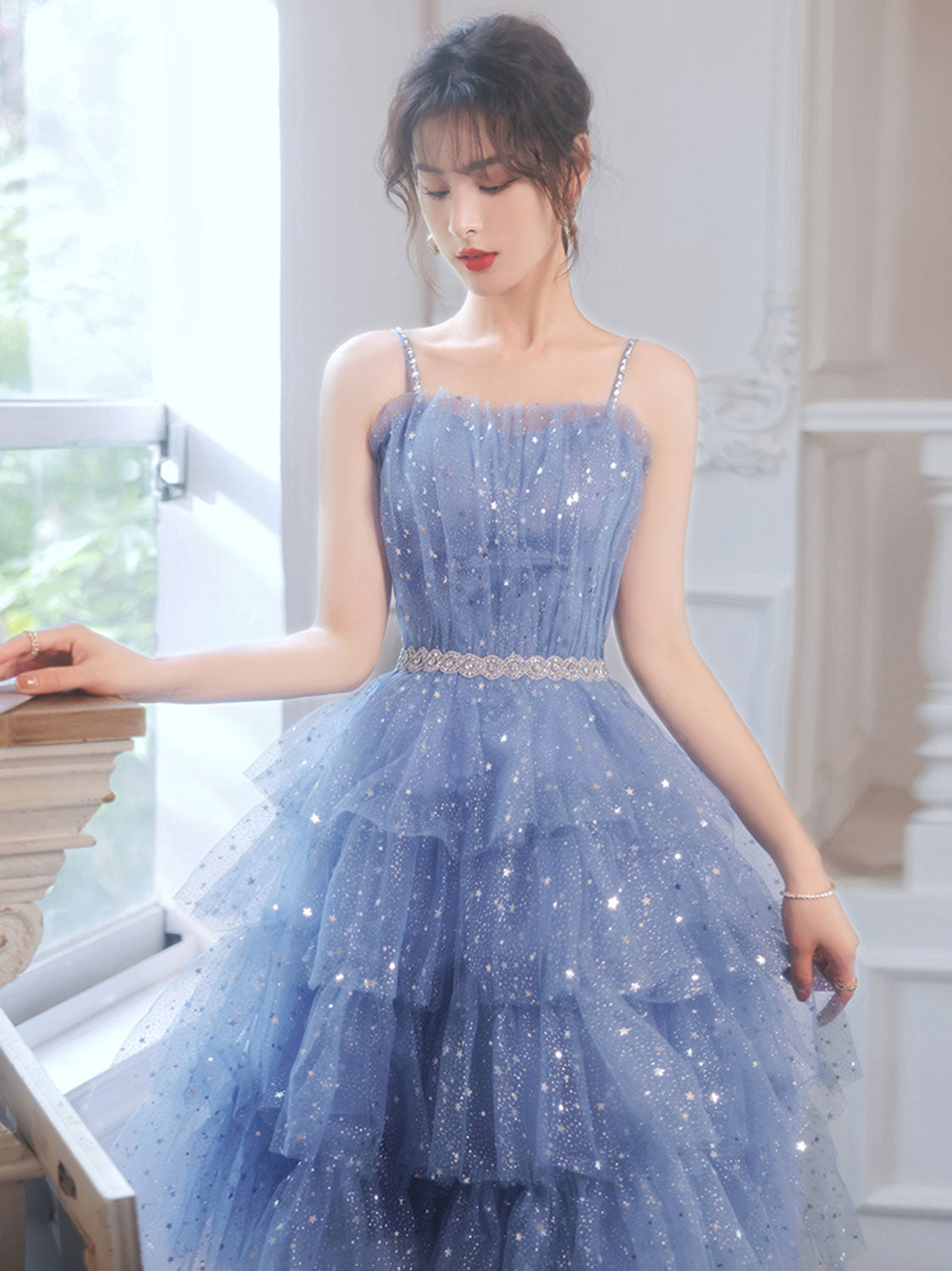 Elegant Blue Tulle Short Prom Dress with Sweetheart Neckline A-Line