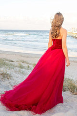 Burgundy Velvet Bodice Tulle V‑Neck Prom Dress Ballgown