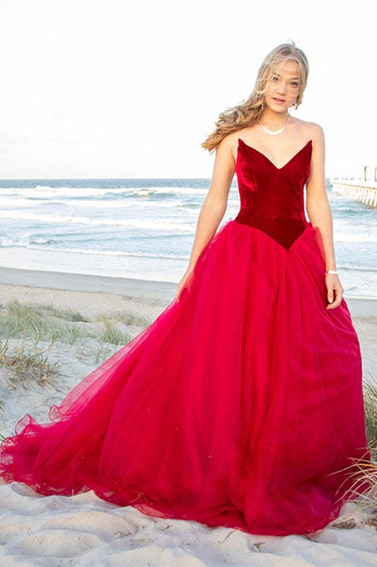 Burgundy Velvet Bodice Tulle V‑Neck Prom Dress Ballgown