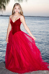 Burgundy Velvet Bodice Tulle V‑Neck Prom Dress Ballgown
