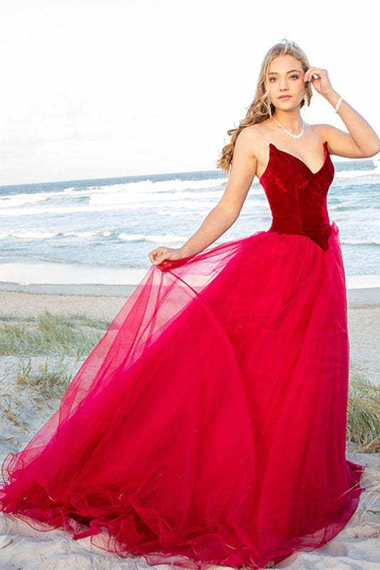 Burgundy Velvet Bodice Tulle V‑Neck Prom Dress Ballgown