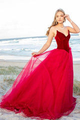 Burgundy Velvet Bodice Tulle V‑Neck Prom Dress Ballgown