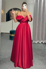 Spaghetti Strap Off-Shoulder A-Line Evening Dress with Lace-Up Back