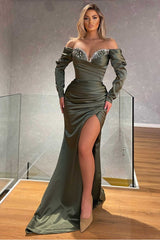 Elegant Sweetheart Long Sleeve Mermaid Prom Dress with Beading and High Split