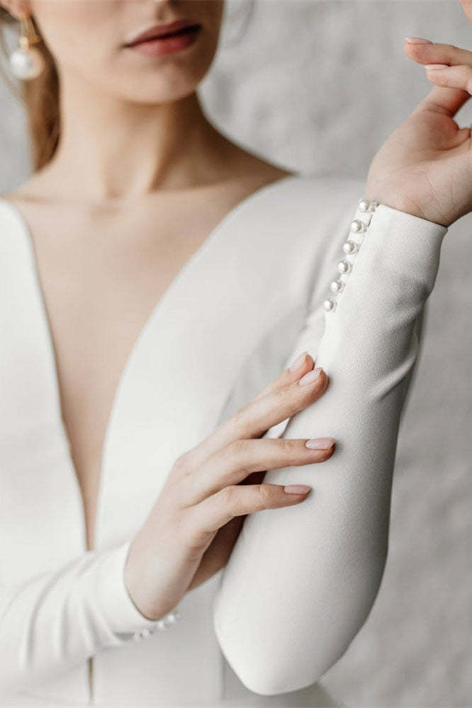 Long Sleeve V-Plunge Tulle Wedding Dress Layered Skirt