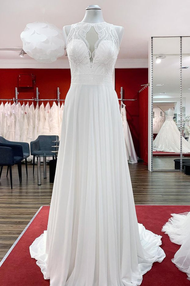 Long A-Line Satin Wedding Dress Jewel Open Back Ruffles Appliques