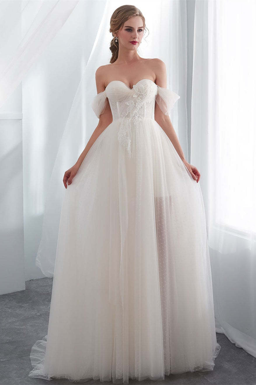Romantic Off-the-Shoulder Tulle A-Line Bridal Gown with Appliqué