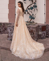 Sparkling A-Line V-Neck Wedding Dress with Elegant Long Sleeves and Glitter Accents