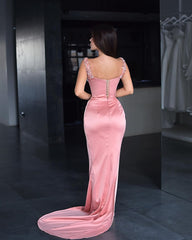 Elegant Pink Sequin Spaghetti Strap Prom Dress with Satin Slit and Built-in Bra