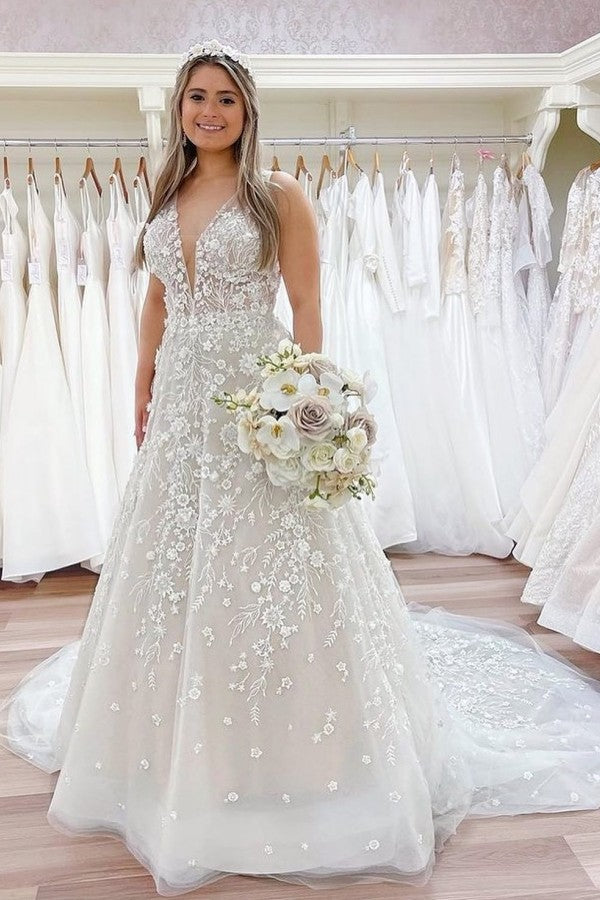 Luxury A-Line V-Neck Lace Wedding Dress with Appliques and Train