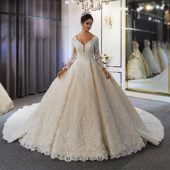 Elegant A-Line Sweetheart Wedding Dress with Long Sleeves, Lace Appliques & Sequins