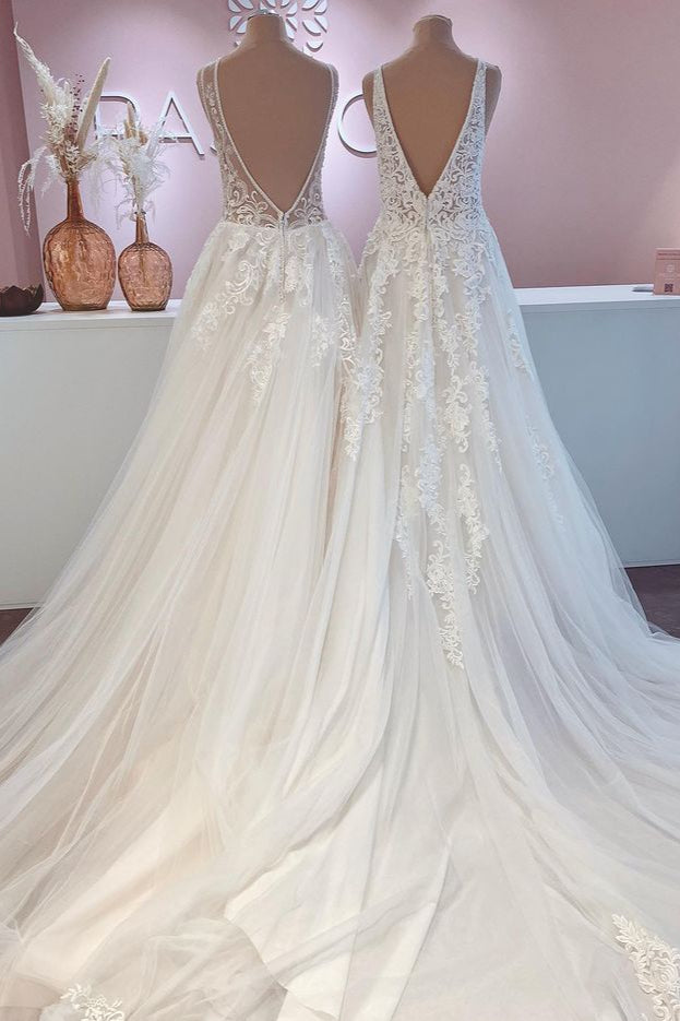 Wide Straps Open Back A-Line Wedding Dress with Lace Appliques Tulle