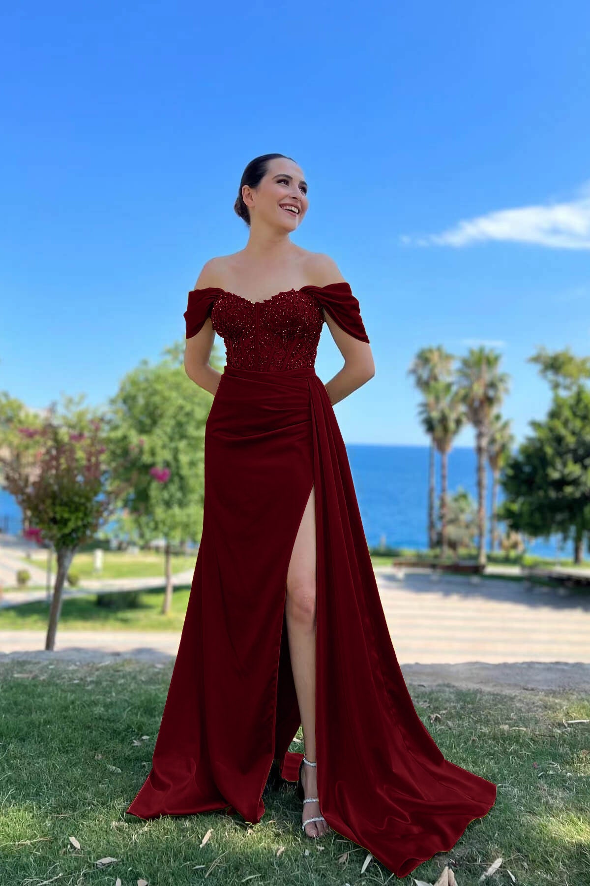 Off-the-Shoulder Sweetheart Beaded Mermaid Prom Dress with Front Slit