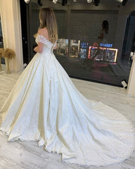 Classy A-Line Off-the-Shoulder Wedding Dress with Lace Appliques and Train