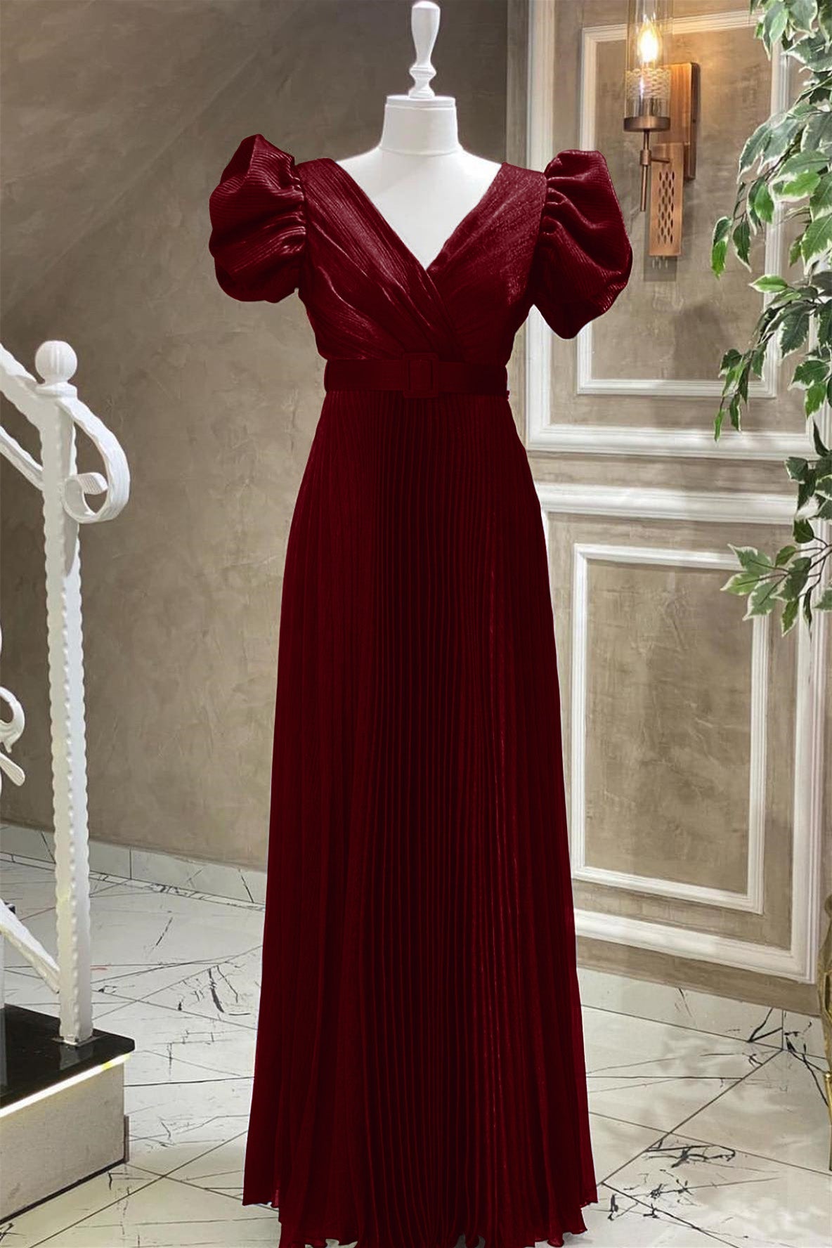 Elegant Royal Blue V-Neck Short Sleeve Evening Dress with Belt