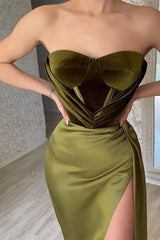 Elegant Olive Green Strapless Mermaid Evening Gown with Thigh-High Split