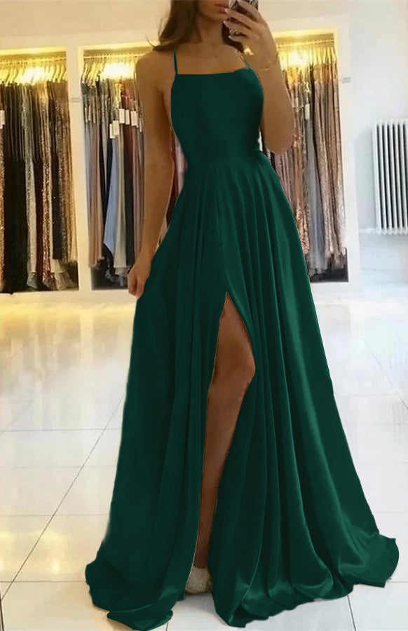 Elegant Spaghetti Straps Floor-Length Prom Dress with Side Slit for Women