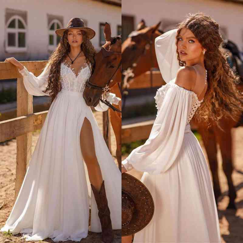 Bohemian Long Sleeve Lace Wedding Dress with High Side Split
