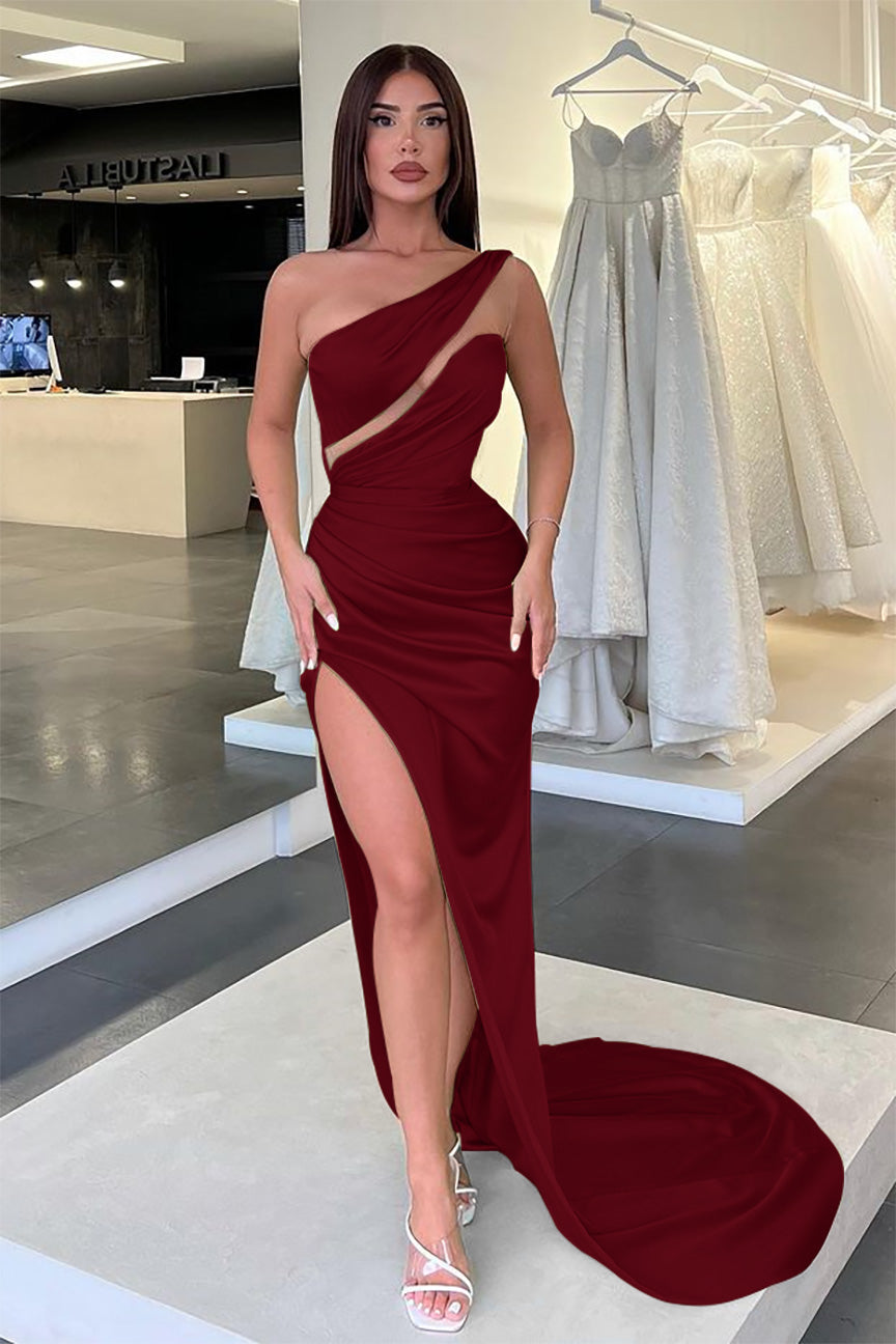 Elegant Light Green One-Shoulder Sleeveless Long Evening Dress with Slit