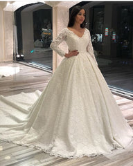 Elegant A-Line Deep V-Neck Lace Appliqued Long Sleeve Wedding Dress