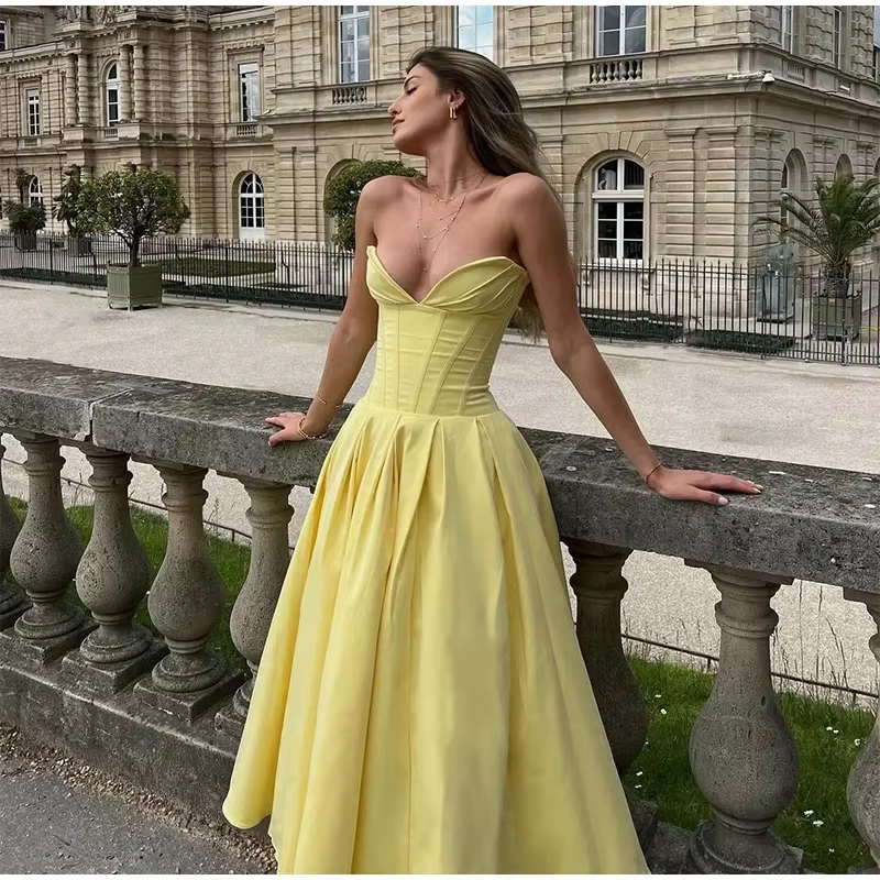 Strapless Pleated Satin Maxi Dress with Built-in Bra