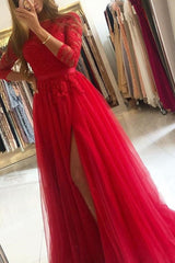 Elegant Long Sleeve A-Line Lace Prom Dress with Thigh Slit