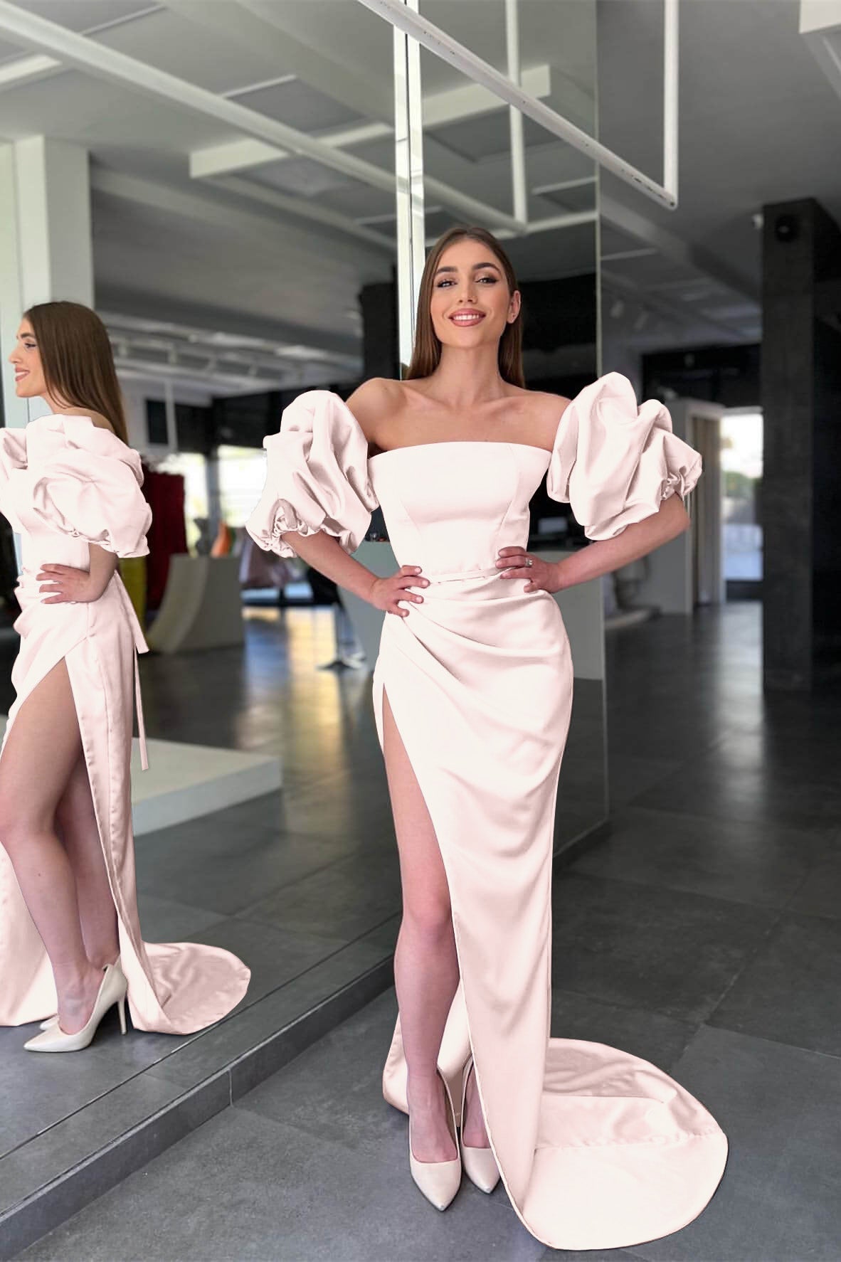 Elegant Pink Strapless Mermaid Prom Dress with Split and Sleeves