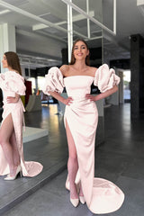 Elegant Pink Strapless Mermaid Prom Dress with Split and Sleeves