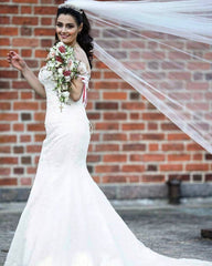 Elegant A-Line V-Neck Lace Tulle Long Wedding Dress Bridal Gown