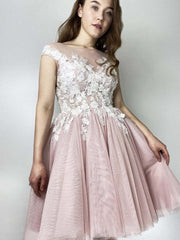 Elegant Pink Lace Prom Dress, Cap Sleeves, Round Neck, Short Formal Homecoming Gown