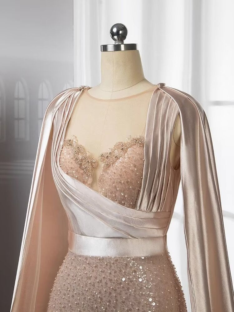 Elegant Pink Beaded Mermaid Evening Gown with Detachable Cape Sleeves