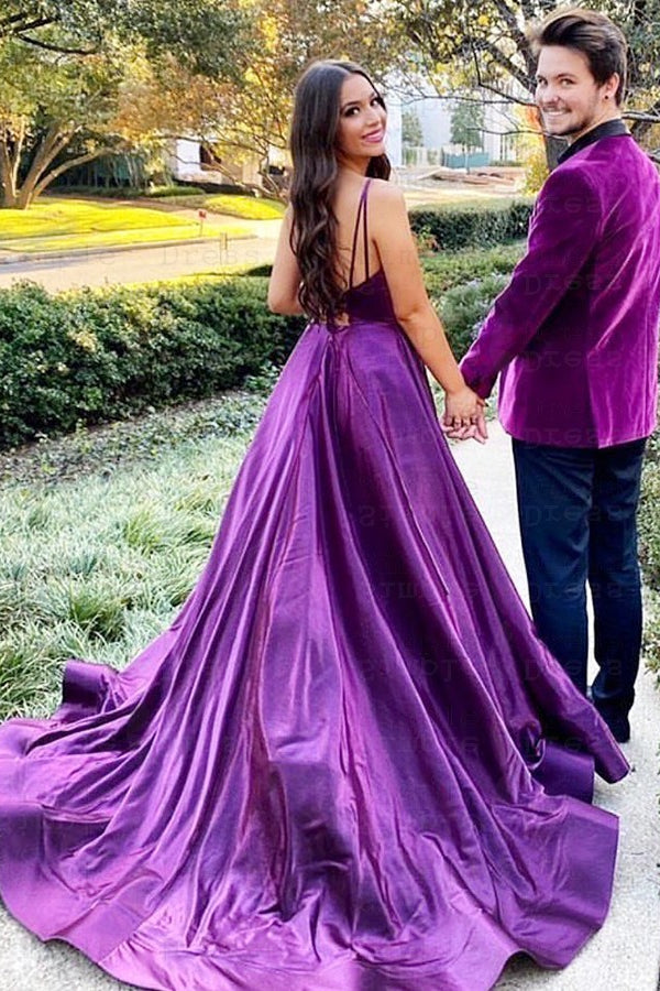 Elegant Purple V-Neck Spaghetti Strap Prom Dress with Slit for Women