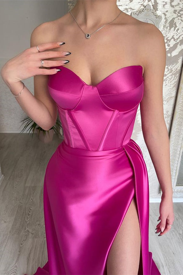 Elegant Hot Pink Sweetheart Sleeveless Prom Dress with Thigh High Split