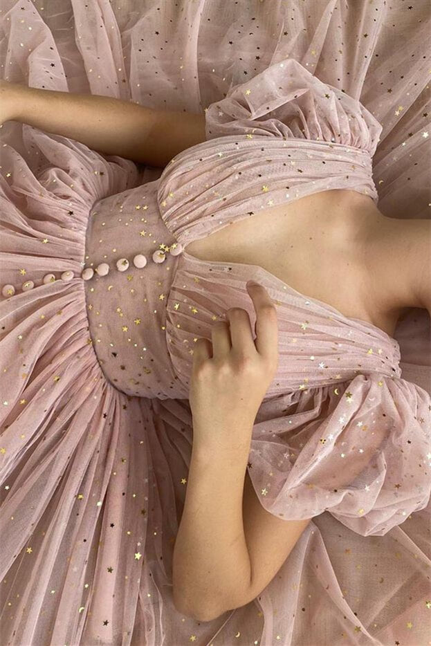 Elegant Taupe Pink V-Neck Short Sleeves Prom Dress with Sequin Embellishments