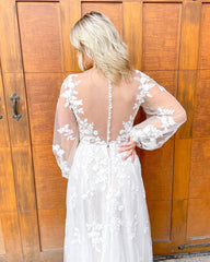 Classy Sheath Deep V-Neck Long Sleeve Wedding Dress with Lace