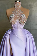 Chic High Neck Ruched Satin Floor Length Evening Dress with Floral Lace and Front Slit