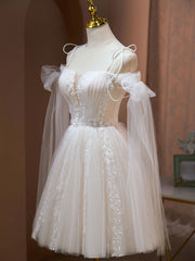 Champagne A Line Tulle Short Off Shoulder Lace Prom Homecoming Dress