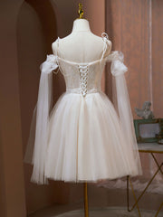 Champagne A Line Tulle Short Off Shoulder Lace Prom Homecoming Dress