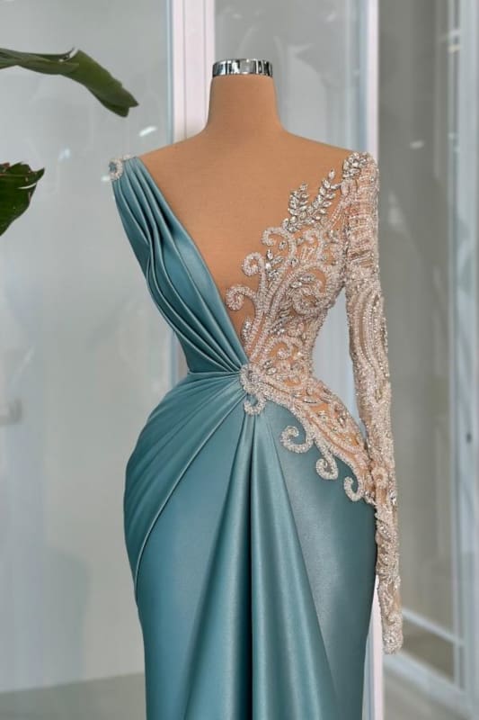 Elegant One-Shoulder Deep V-Neck Appliques Lace Satin Prom Dress for Women